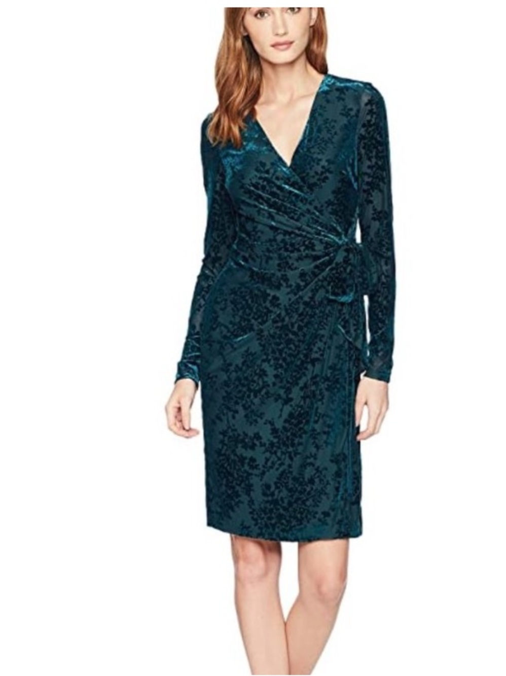 Lauren Ralph Lauren velvet burnout wrap dress long sleeve Forest Green sz 8P